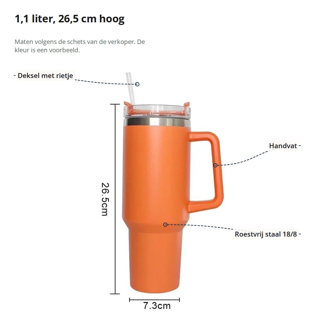 Drinkbeker met aanduidingen: deksel met rietje, handvat en roestvrij staal 18/8, met de maten 26,5 cm en 7,3 cm