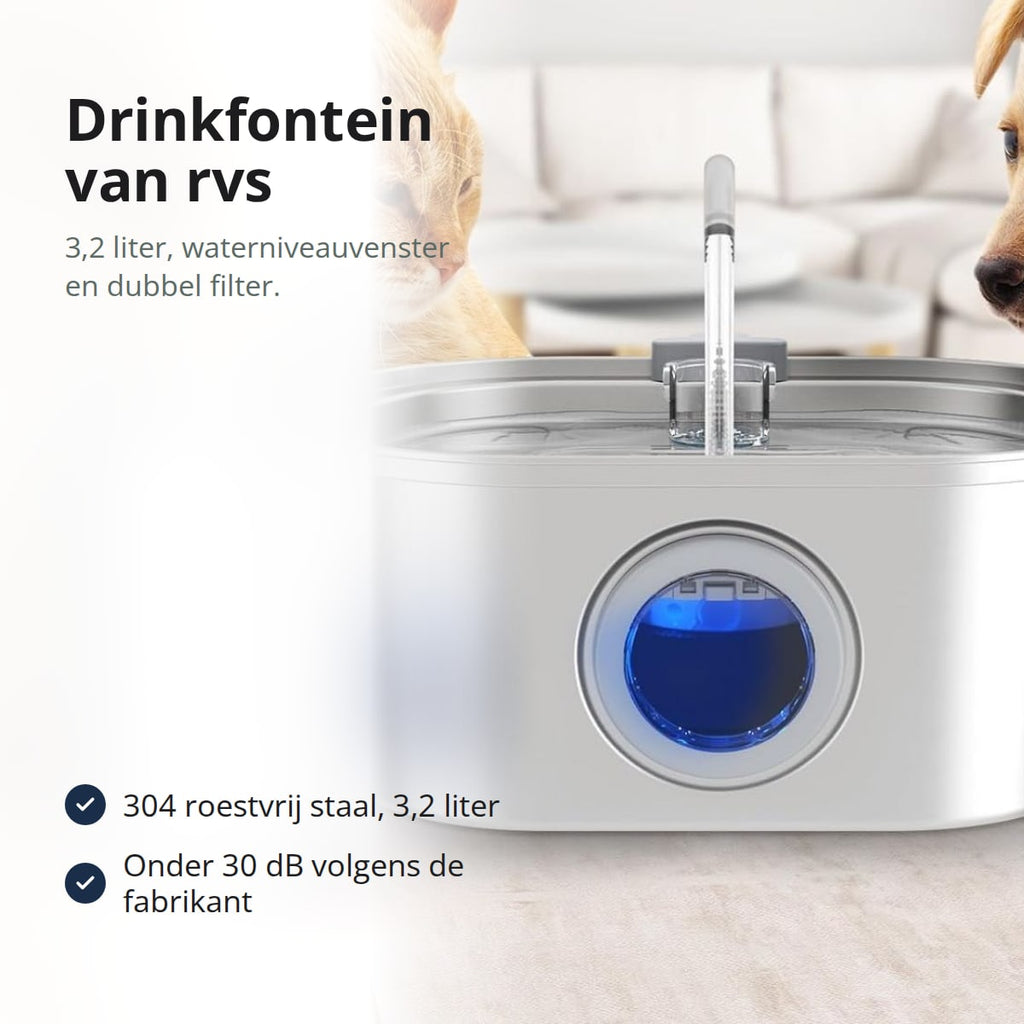 Drinkfontein voor katten van roestvrij staal, 3,2 liter, met waterniveauvenster en dubbel filter