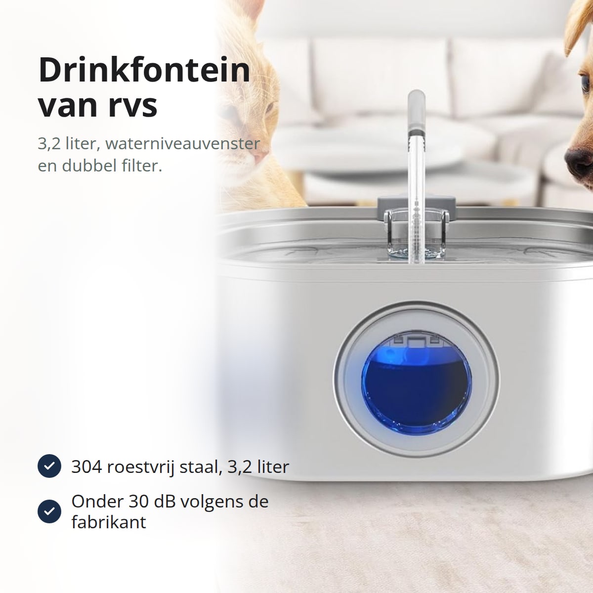 Drinkfontein voor katten van roestvrij staal, 3,2 liter, met waterniveauvenster en dubbel filter