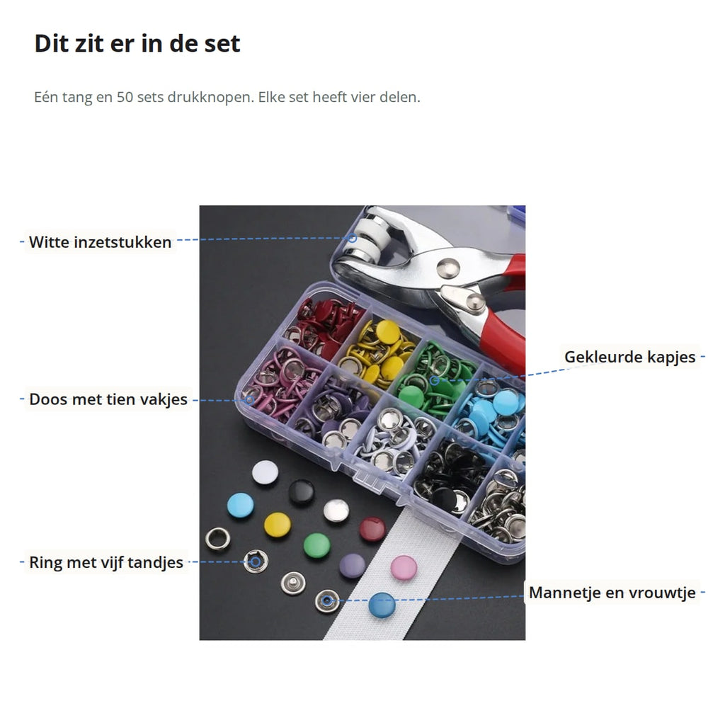 De set met aanduidingen: witte inzetstukken in de bek van de tang, doos met tien vakjes, ring met vijf tandjes, gekleurde kapjes, mannetje en vrouwtje