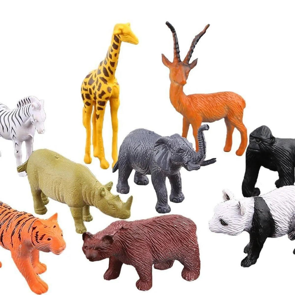 Close-up van een paar figuurtjes: giraf, antilope, zebra, neushoorn, olifant, gorilla, tijger, bruine beer en panda