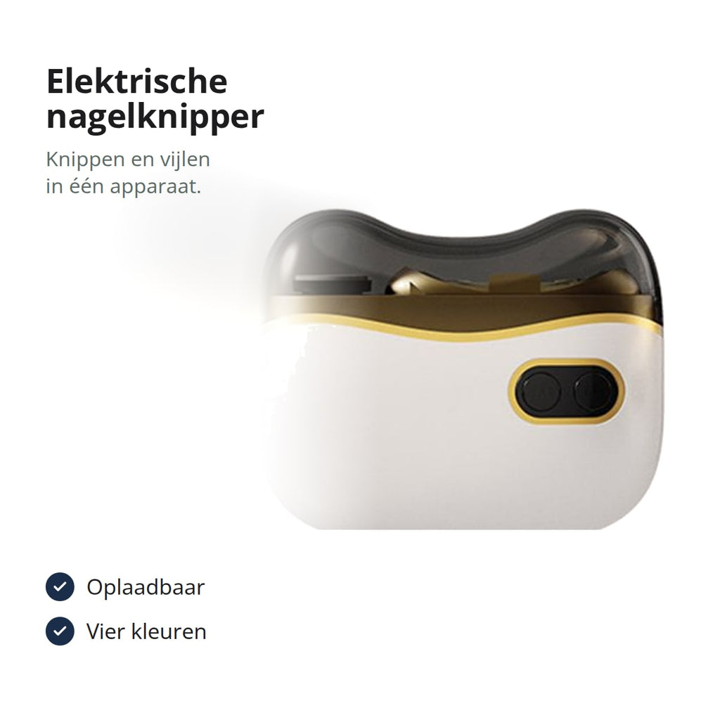 Elektrische nagelknipper met vijl in wit, met transparant klepje en twee knoppen