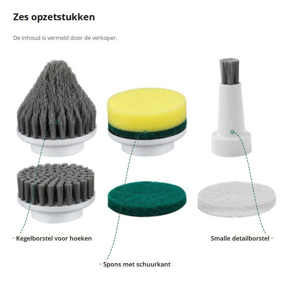 De zes opzetstukken uitgelegd: de kegelborstel, de spons met schuurkant en de smalle detailborstel