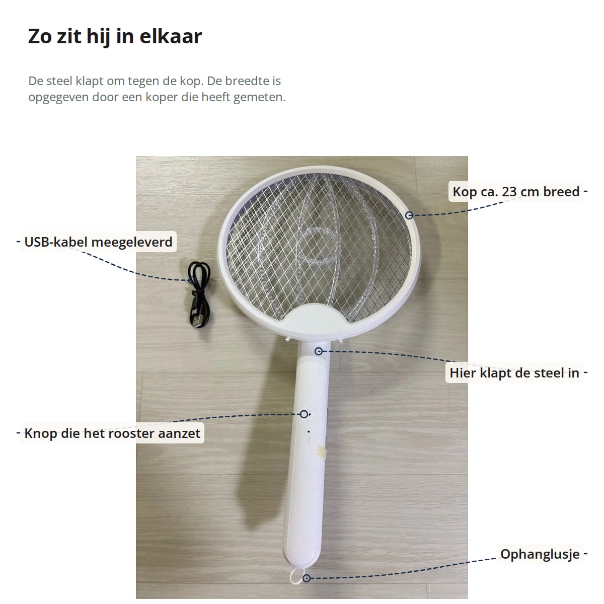 De vliegenmepper uitgeklapt, met aanduidingen: kop van ca. 23 cm breed, het scharnier waar de steel inklapt, de knop, de USB-kabel en het ophanglusje