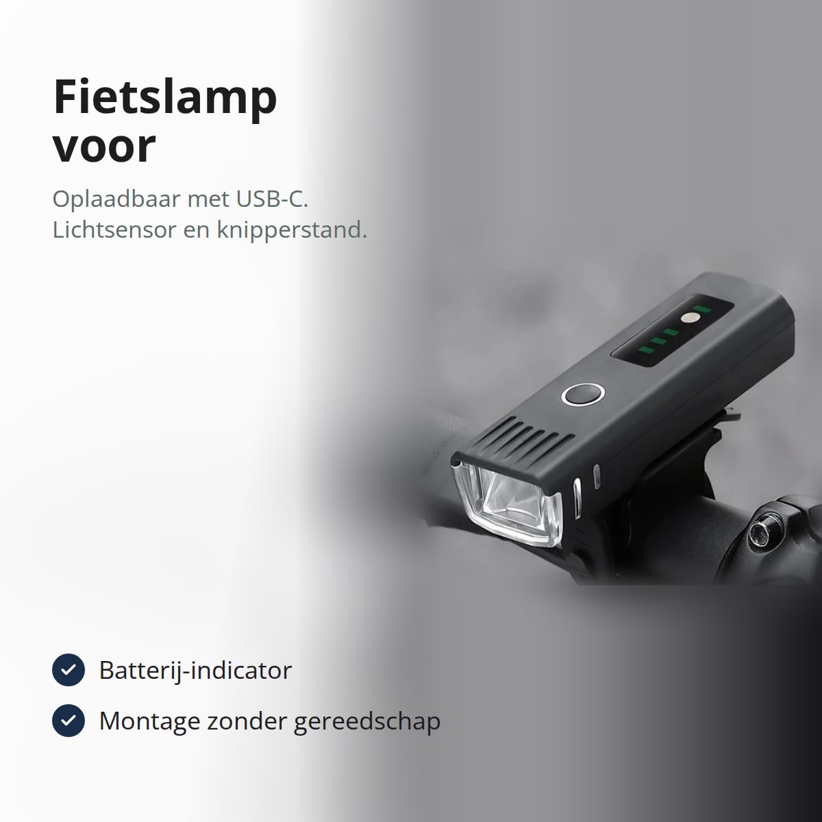 Zwarte fietslamp voor, gemonteerd op het stuur van een fiets