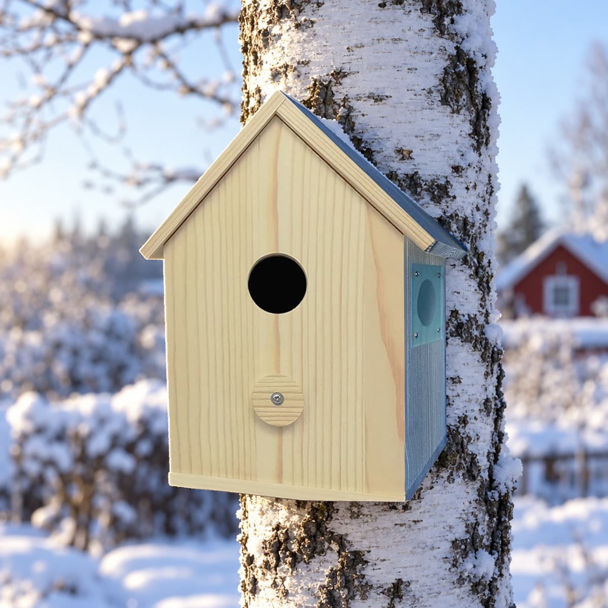 Het vogelhuisje aan een berkenstam in de winter, van voren gezien met de invliegopening en de zijwand met raampje