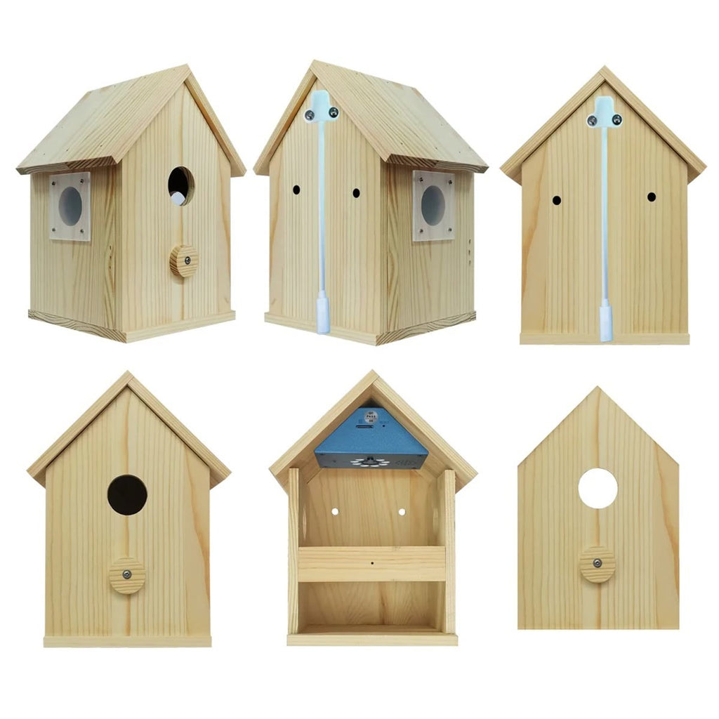 Het vogelhuisje vanuit zes hoeken: van voren, van achteren met de kabel, van opzij met raampje, en met de voorkant eraf zodat de camera onder de nok te zien is
