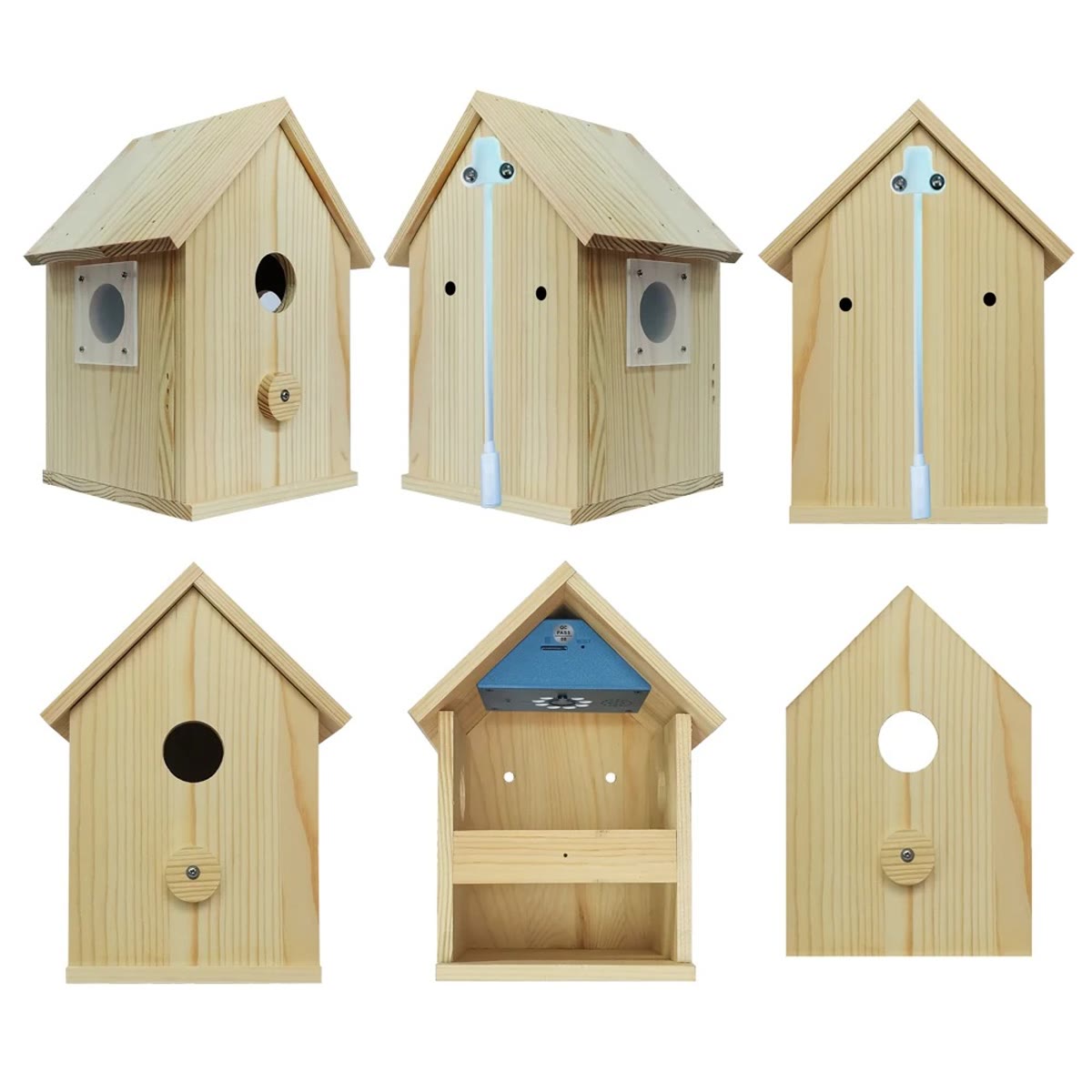 Het vogelhuisje vanuit zes hoeken: van voren, van achteren met de kabel, van opzij met raampje, en met de voorkant eraf zodat de camera onder de nok te zien is