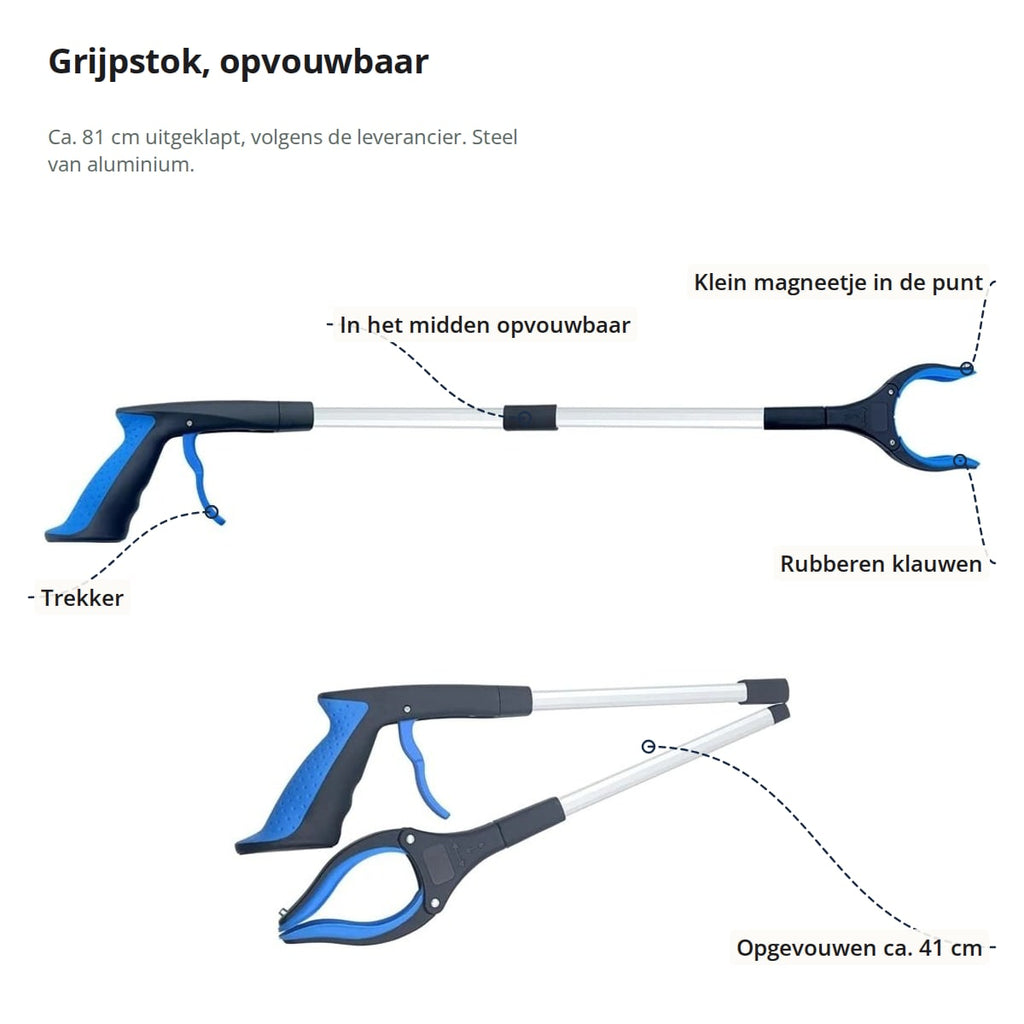 De grijpstok uitgeklapt en opgevouwen, met aanduidingen: trekker, in het midden opvouwbaar, klein magneetje in de punt, rubberen klauwen en opgevouwen ca. 41 cm