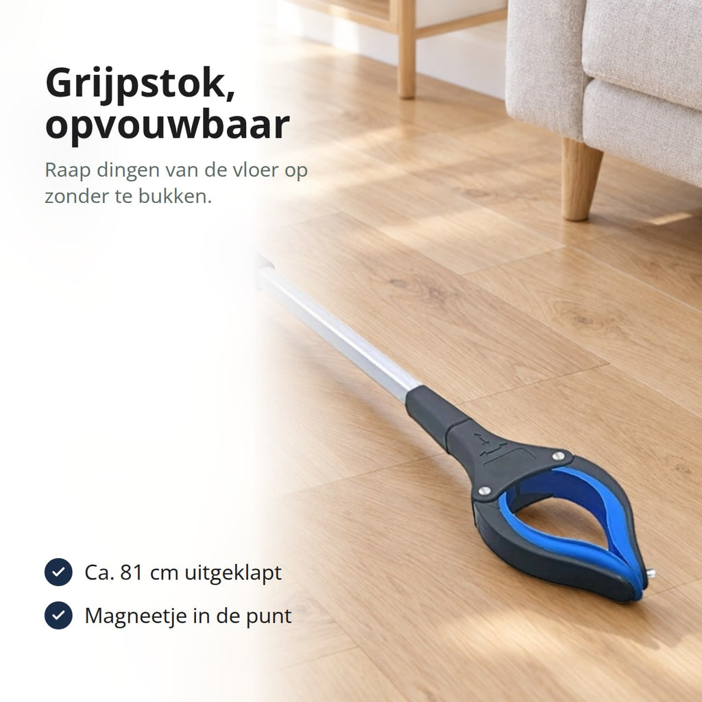Opvouwbare grijpstok in blauw en zwart op een lichte eikenhouten vloer, met de tekst: grijpstok, opvouwbaar, raap dingen van de vloer op zonder te bukken; ca. 81 cm uitgeklapt; magneetje in de punt van de klauwen