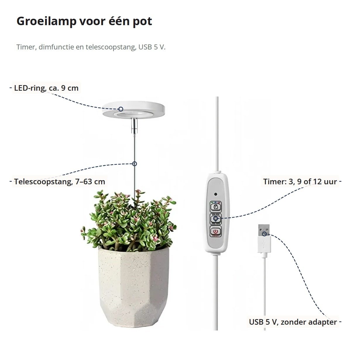 De groeilamp met aanduidingen: LED-ring van ca. 9 cm, telescoopstang van 7–63 cm, timer van 3, 9 of 12 uur en USB 5 V zonder adapter