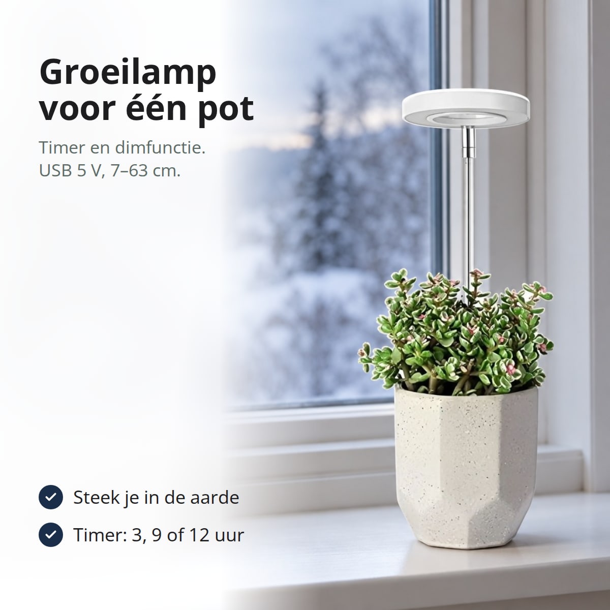 Groeilamp met LED-ring boven een kamerplant in de vensterbank, met de tekst: steek je in de aarde, timer van 3, 9 of 12 uur