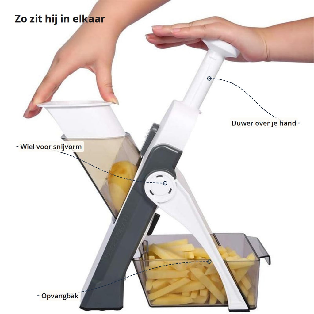 Groentesnijder met duwer, wiel voor de snijvorm en opvangbak aangegeven