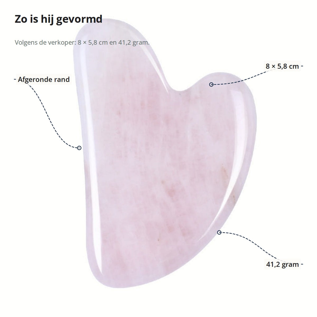 Hartvormige gua sha met afgeronde rand, afmeting 8 × 5,8 cm en gewicht 41,2 gram aangegeven