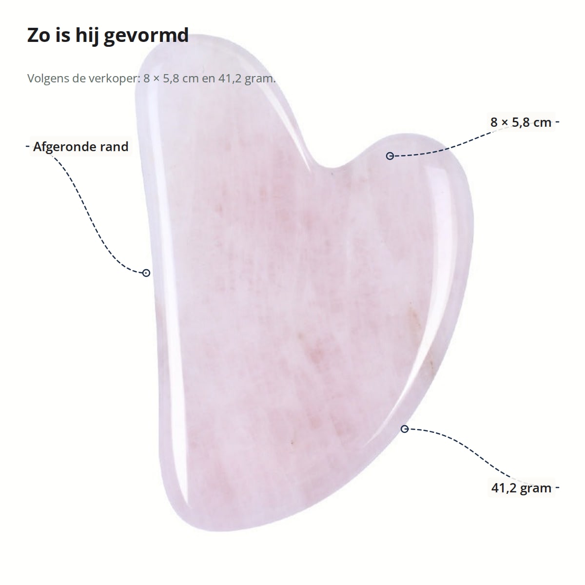 Hartvormige gua sha met afgeronde rand, afmeting 8 × 5,8 cm en gewicht 41,2 gram aangegeven