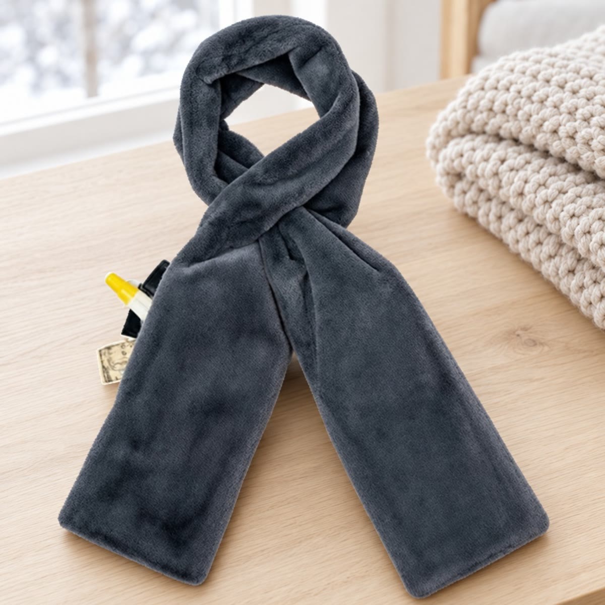 Donkergrijze nekwarmer van imitatiebont naast een opgevouwen gebreide plaid