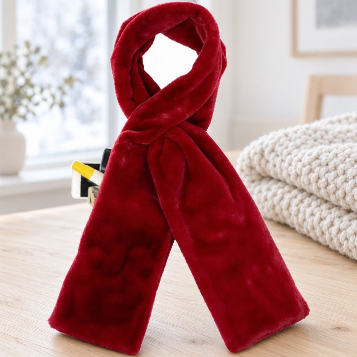 Rode nekwarmer van imitatiebont op een tafel van licht eikenhout voor een raam