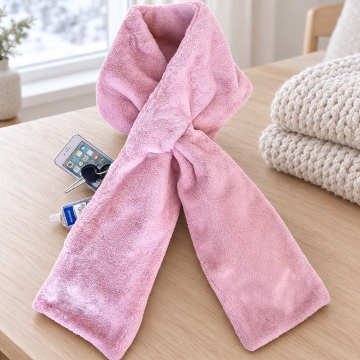 Roze nekwarmer van imitatiebont met telefoon en sleutels bij de opening van het zakje