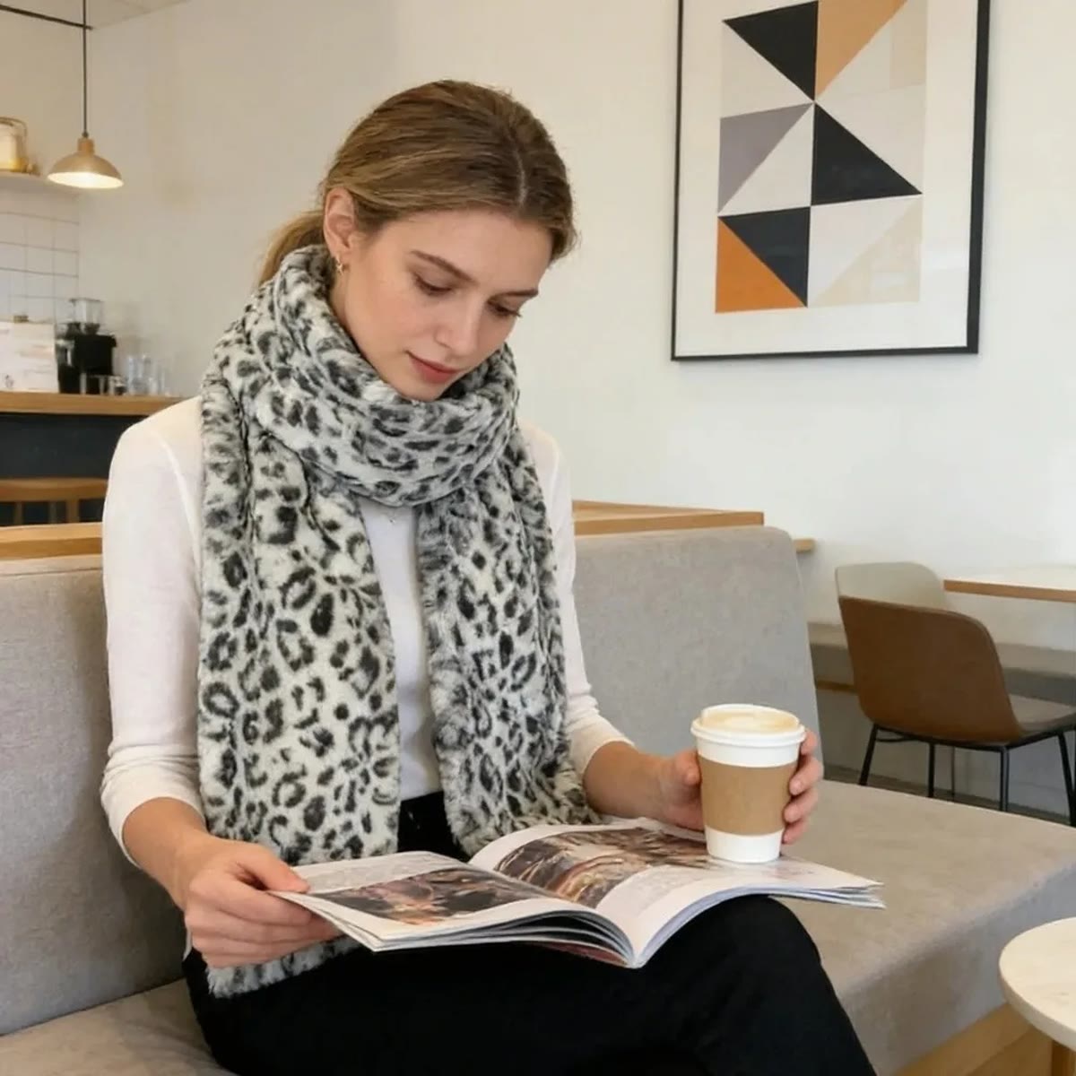 Persoon met een nekwarmer met luipaardprint leest in een café