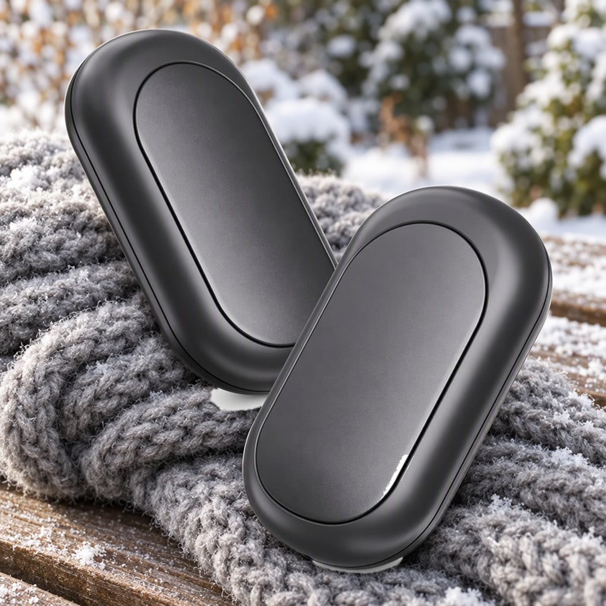 Twee zwarte helften van een oplaadbare handwarmer op een gebreide wollen sjaal op een bankje buiten in de sneeuw