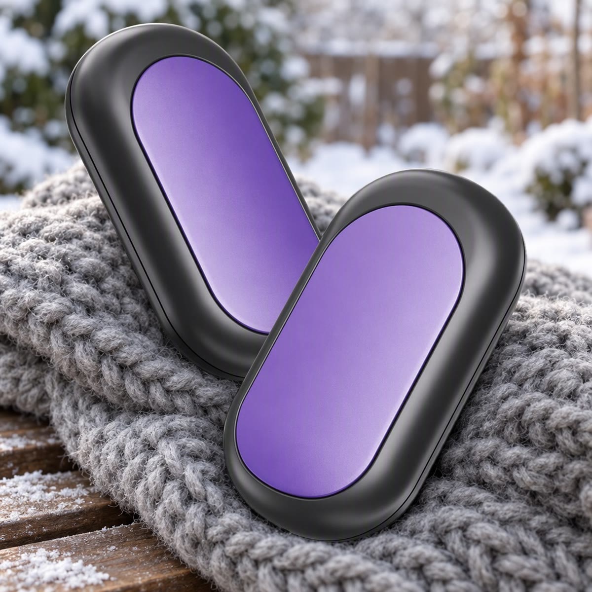 Paarse oplaadbare handwarmer in twee helften op een grijze wollen sjaal buiten in de sneeuw