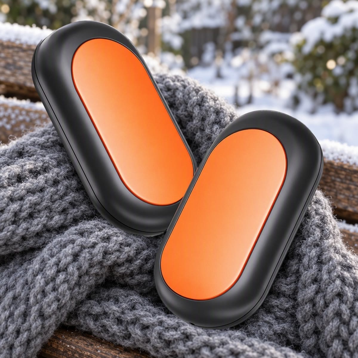 Oranje oplaadbare handwarmer in twee helften op een grijze wollen sjaal buiten in de sneeuw