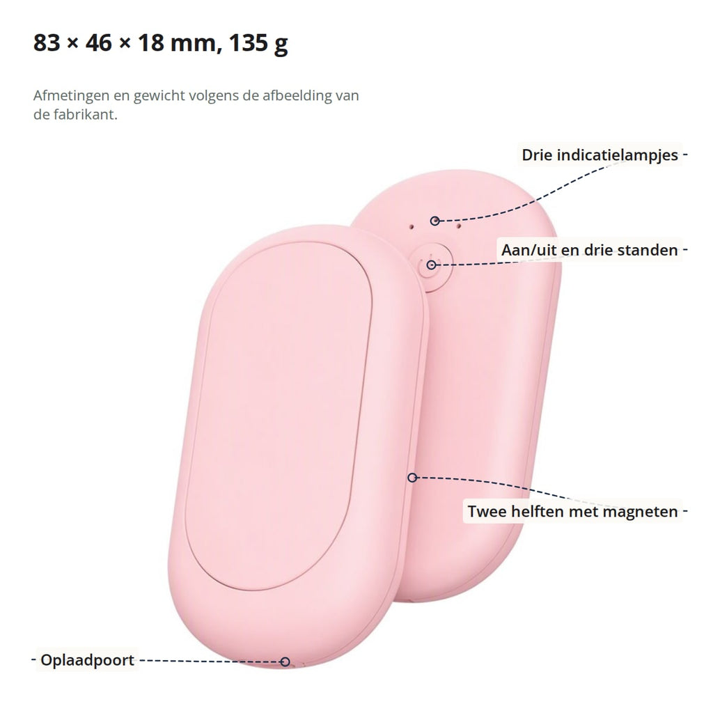 Roze handwarmer met uitleg: drie indicatielampjes, knop voor aan/uit en drie warmtestanden, twee helften met magneten en oplaadpoort