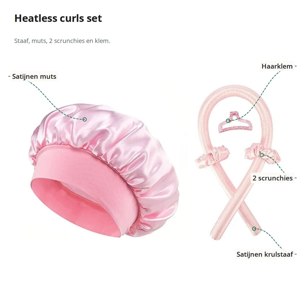 Heatless curls set met aanduidingen: satijnen muts, haarklem, twee scrunchies en satijnen krulstaaf