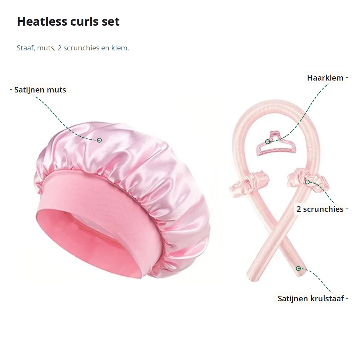 Heatless curls set met aanduidingen: satijnen muts, haarklem, twee scrunchies en satijnen krulstaaf
