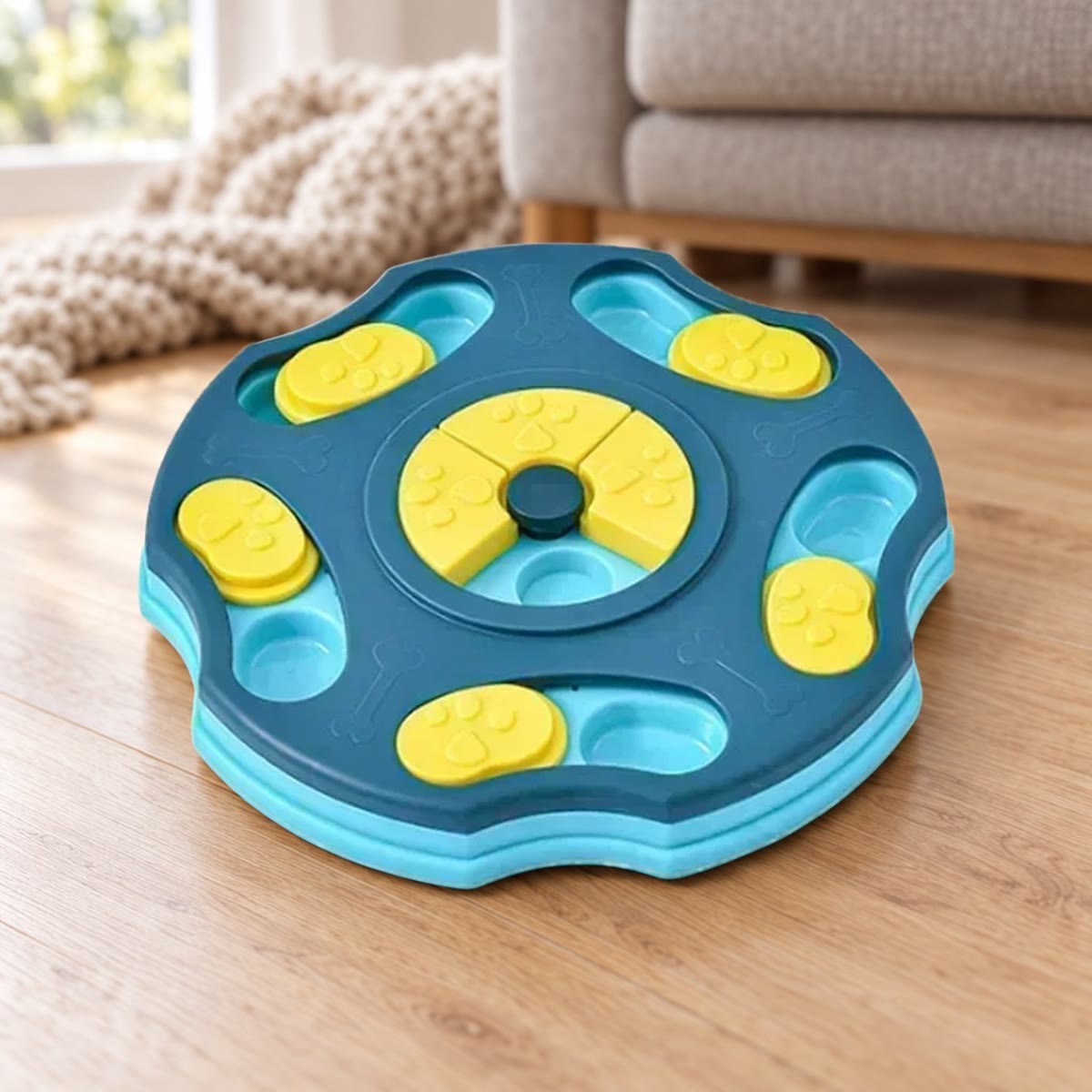 Blauw denkspel voor honden met gele schuifklepjes op een houten vloer in een woonkamer