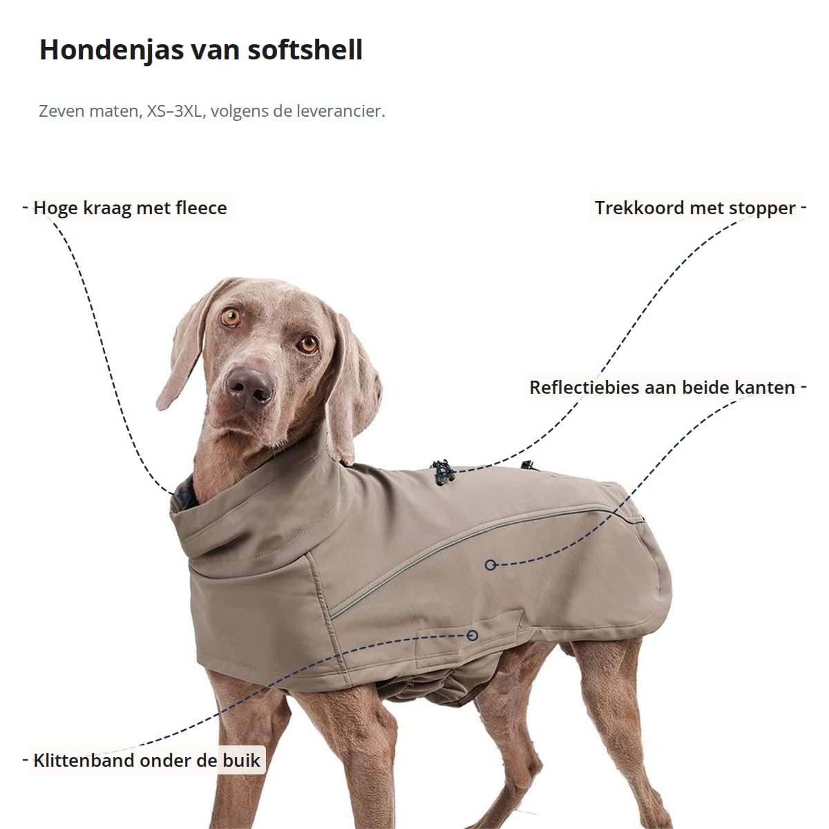Softshell hondenjas met hoge kraag met fleece, trekkoord met stopper, reflecterende bies en klittenband onder de buik aangegeven