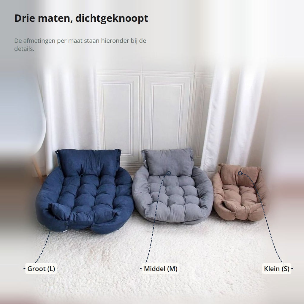 Drie dichtgeknoopte hondenmanden in verschillende maten, met de aanduidingen groot (L), middel (M) en klein (S)