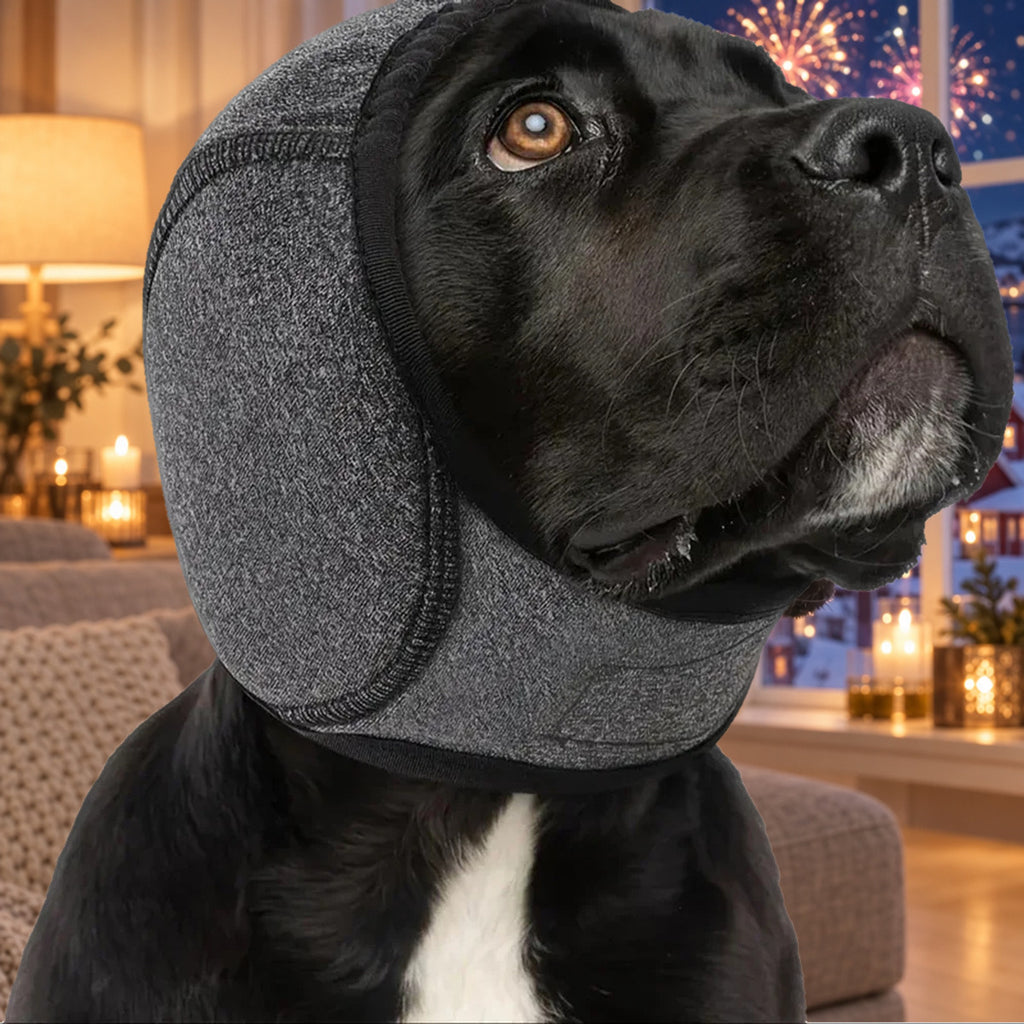 Zwarte hond met grijze Hetta-hondenmuts in een gezellige woonkamer op oudejaarsavond, met vuurwerk buiten het raam