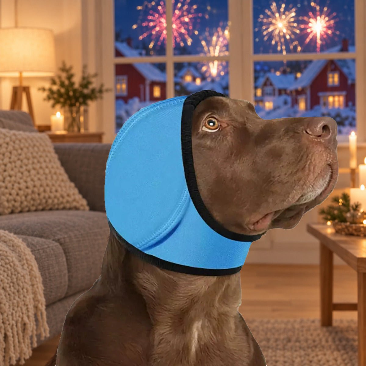 Bruine labrador met blauwe Hetta-hondenmuts in de woonkamer op oudejaarsavond, met vuurwerk boven besneeuwde huizen buiten het raam