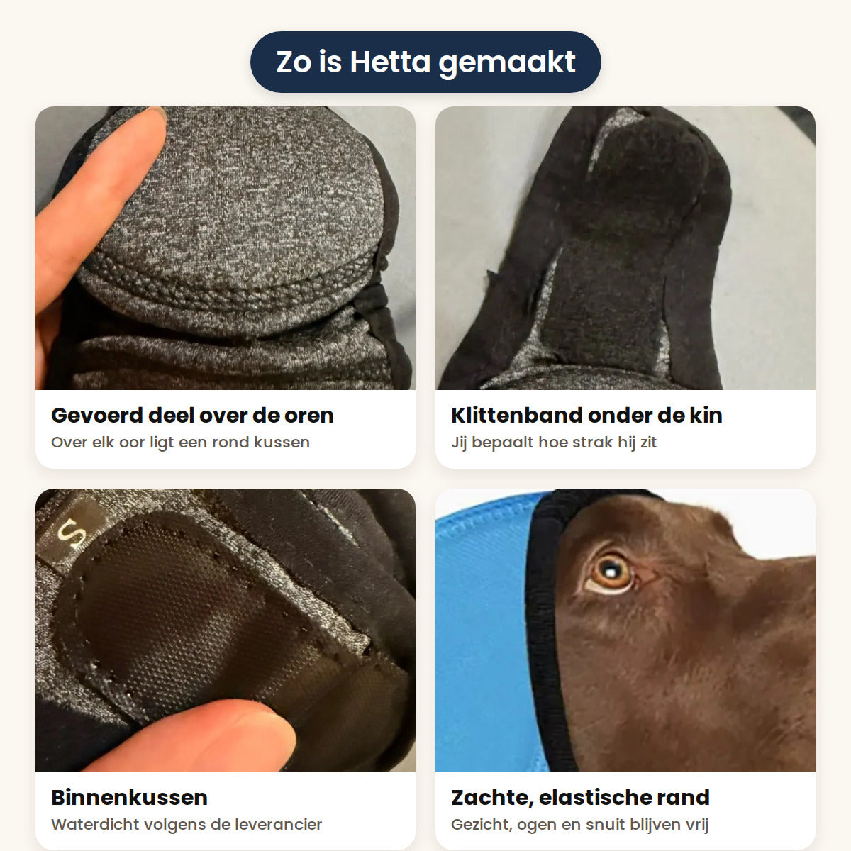 Details van Hetta: gevoerd kussen over de oren, klittenband onder de kin, binnenkussen en zachte, elastische rand rond het gezicht