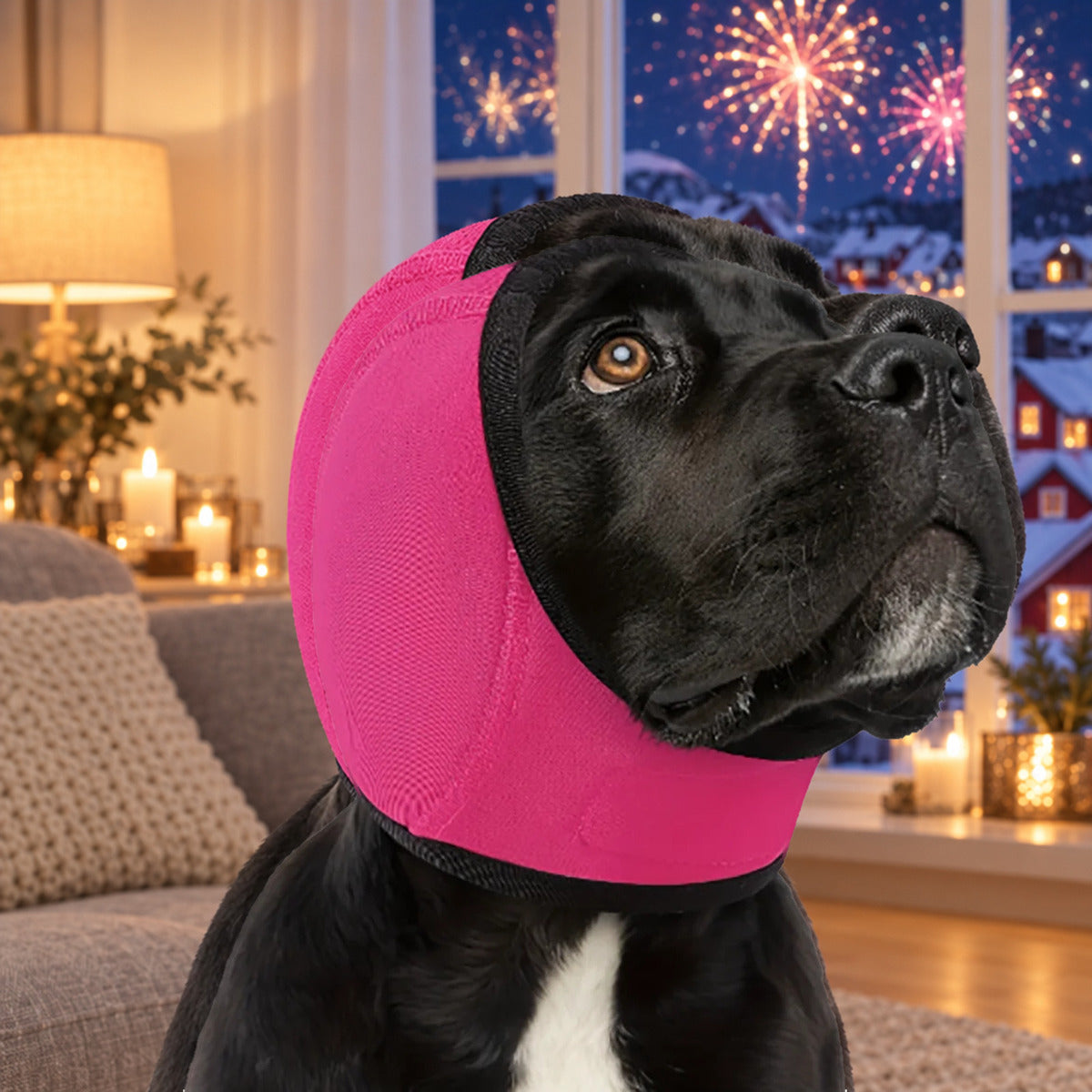 Zwarte hond met cerise Hetta-hondenmuts in de woonkamer op oudejaarsavond