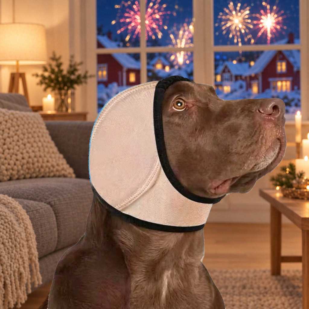 Bruine labrador met beige Hetta-hondenmuts in de woonkamer op oudejaarsavond