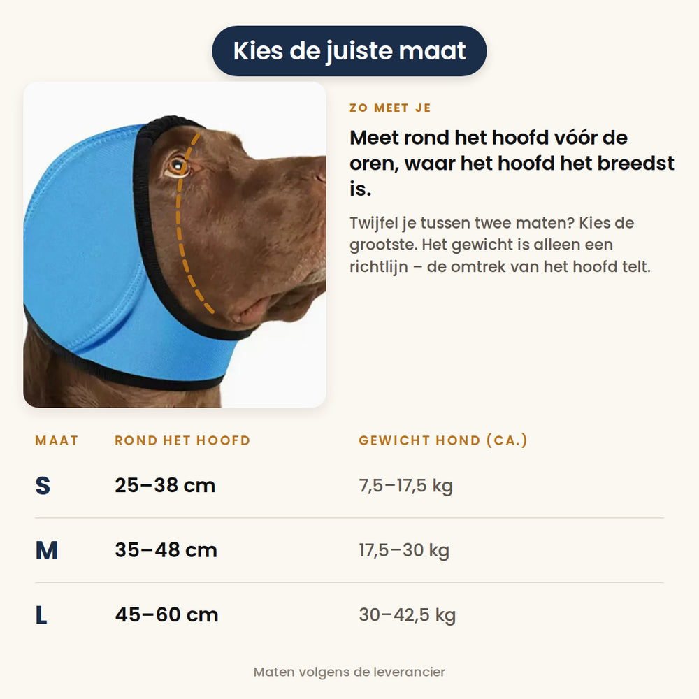 Maattabel van Hetta: S 25–38 cm, M 35–48 cm en L 45–60 cm rond het hoofd