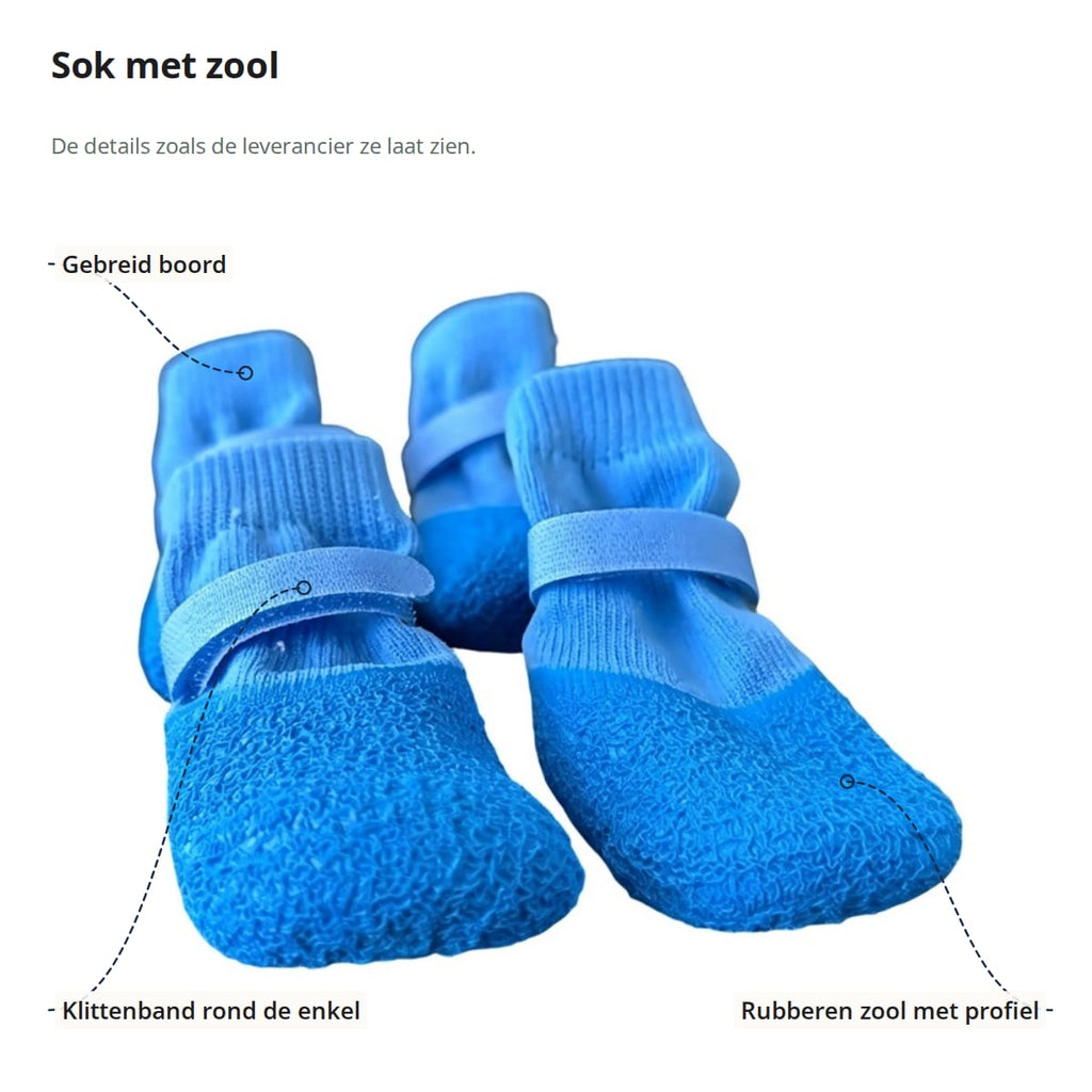 Twee blauwe hondensokken met aanduidingen: gebreid boord, klittenband rond de enkel en rubberen zool met profiel