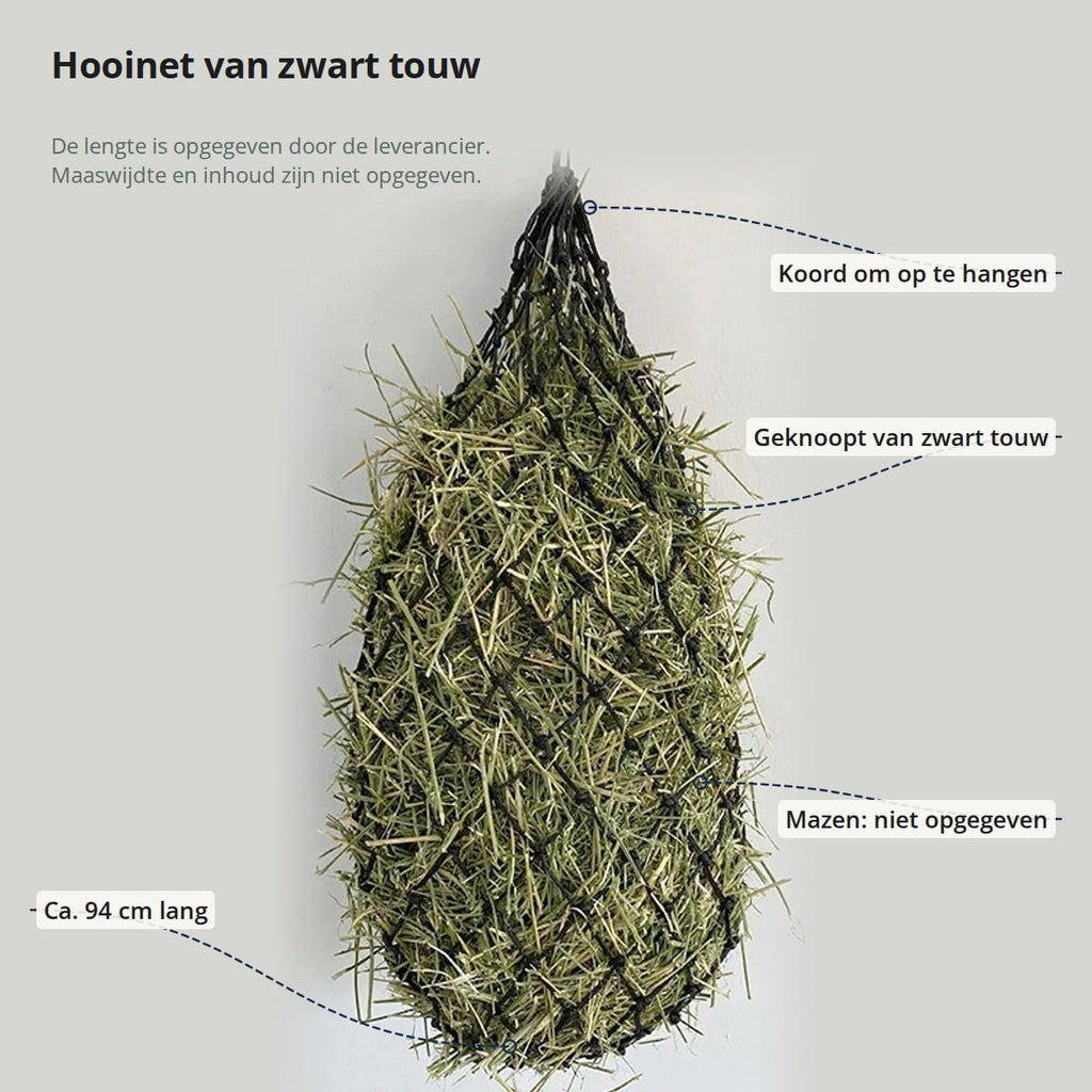 Het hooinet met aanduidingen: koord om op te hangen, geknoopt van zwart touw, mazen niet opgegeven en ca. 94 cm lang