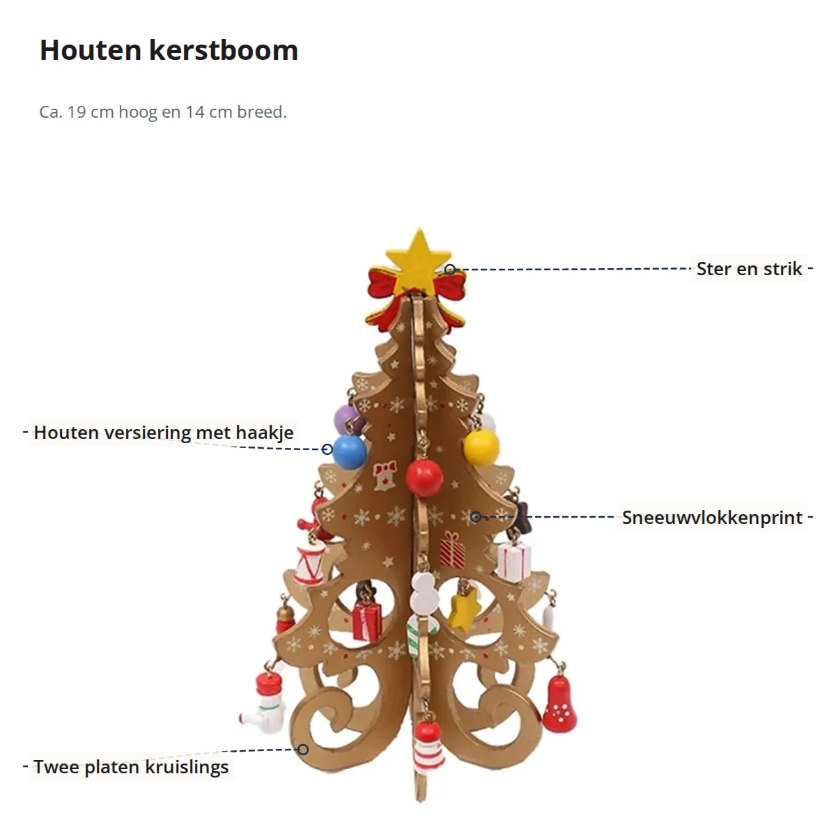 Houten kerstboom met aanduidingen: ster en strik, kleine houten versieringen met haakje, sneeuwvlokkenprint en twee platen kruislings
