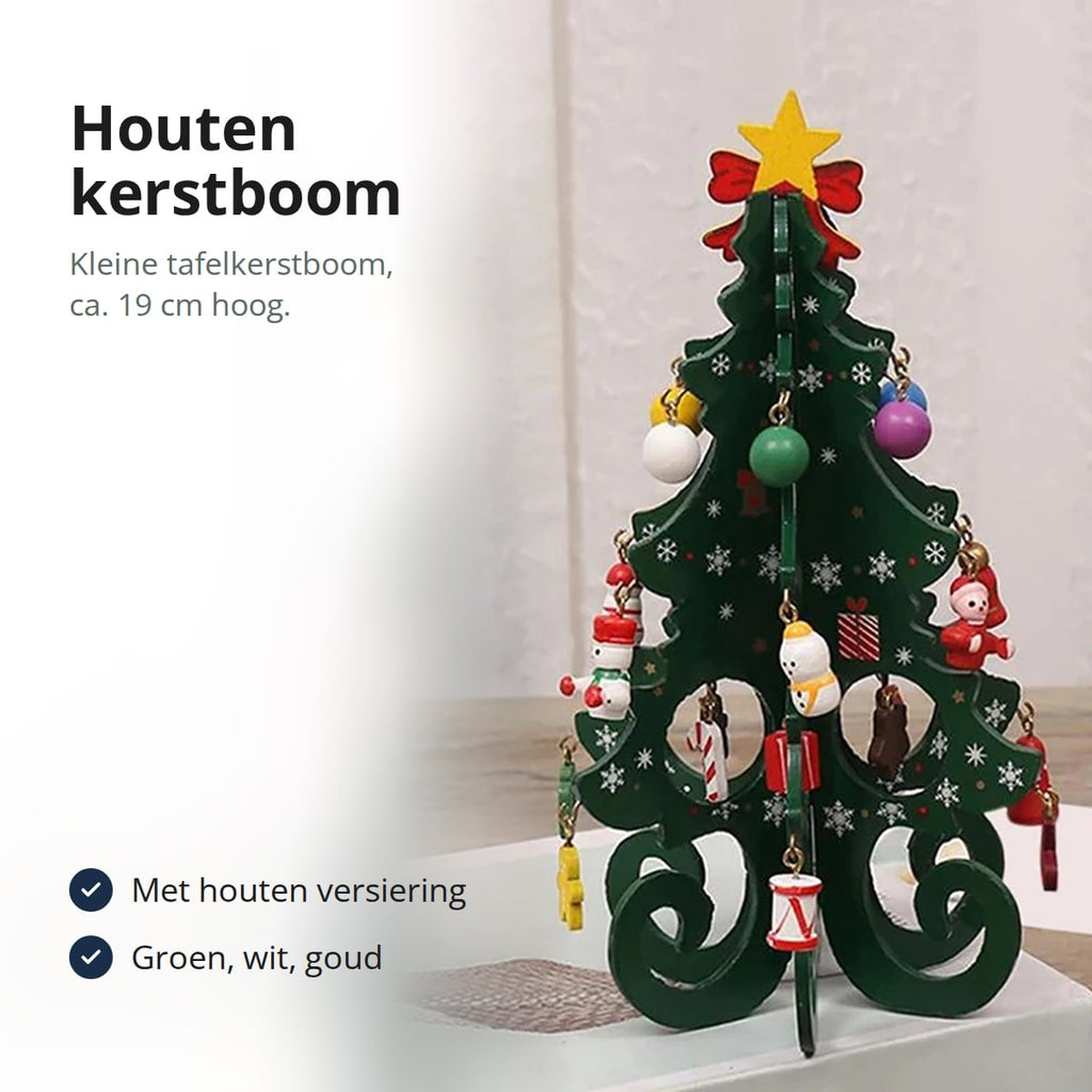 Kleine houten kerstboom met ster, strik en kleine houten versieringen, met tekst: kleine tafelkerstboom van ca. 19 cm