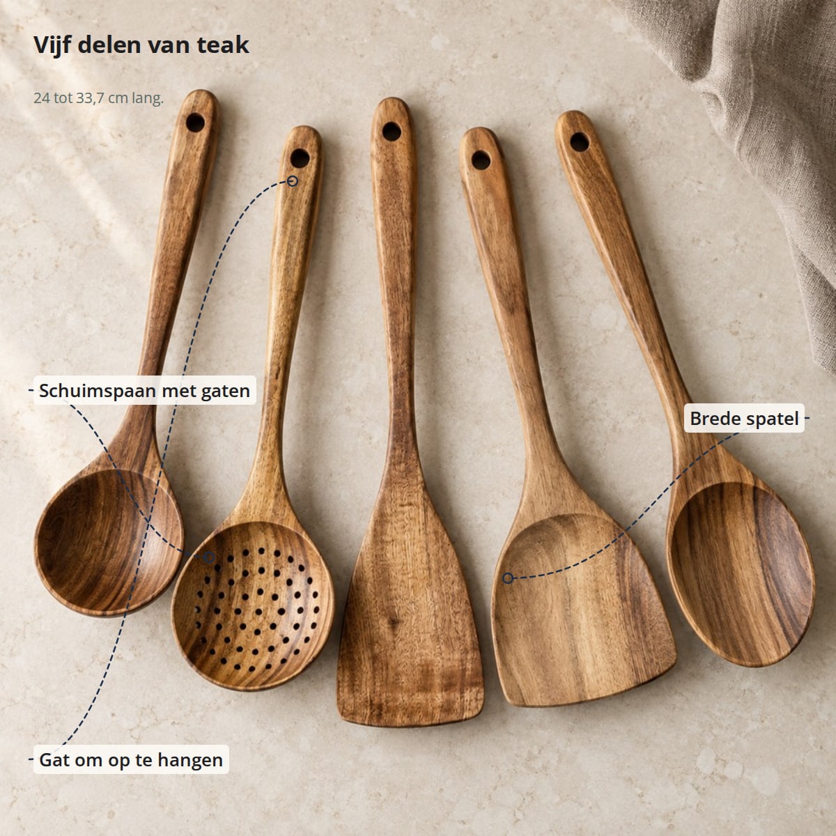 De vijf delen van teak met aanduidingen: schuimspaan, brede spatel en een gat om op te hangen in het handvat