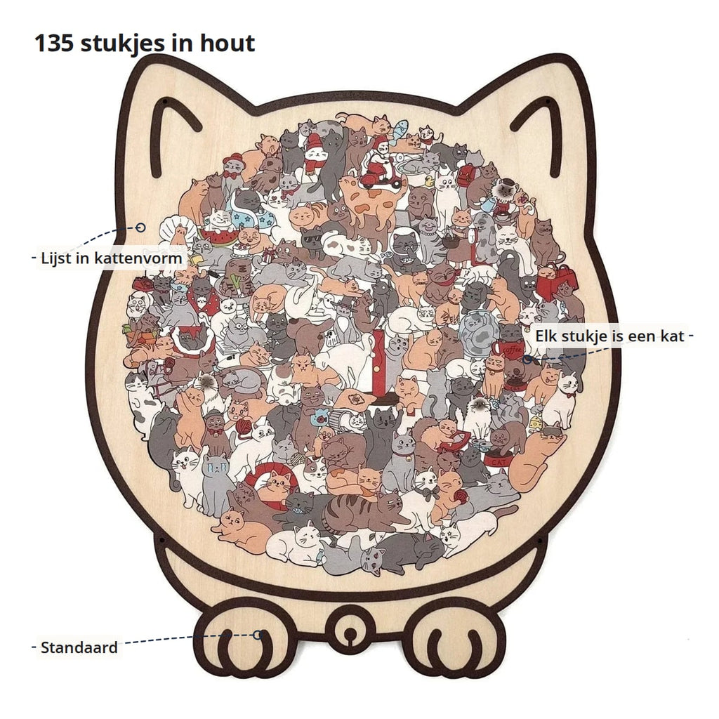 De puzzel met aanduidingen: lijst in kattenvorm, elk stukje in de vorm van een kat, en de standaard om hem neer te zetten
