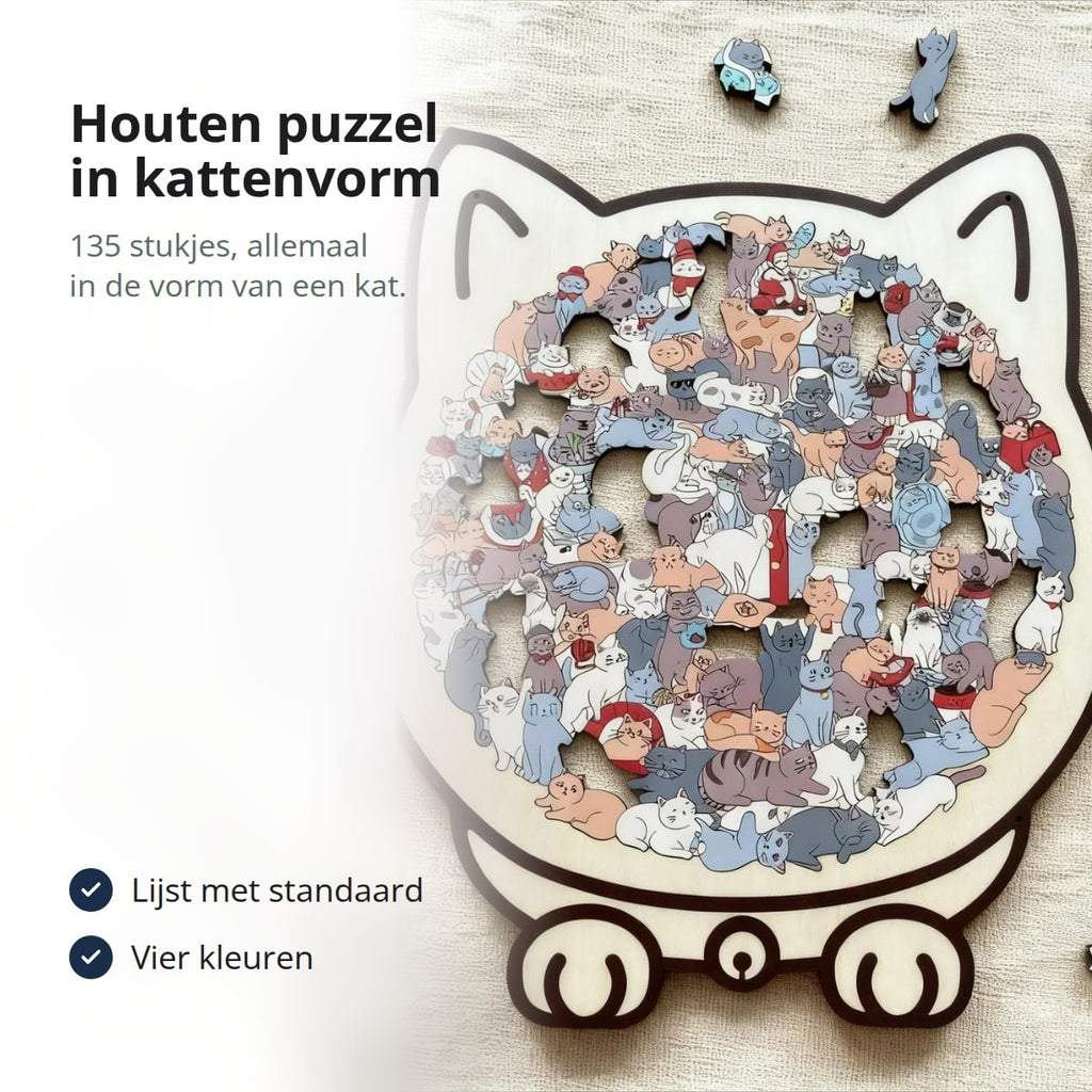 Afgemaakte houten puzzel in kattenvorm op een linnen kleed, met losse stukjes eromheen