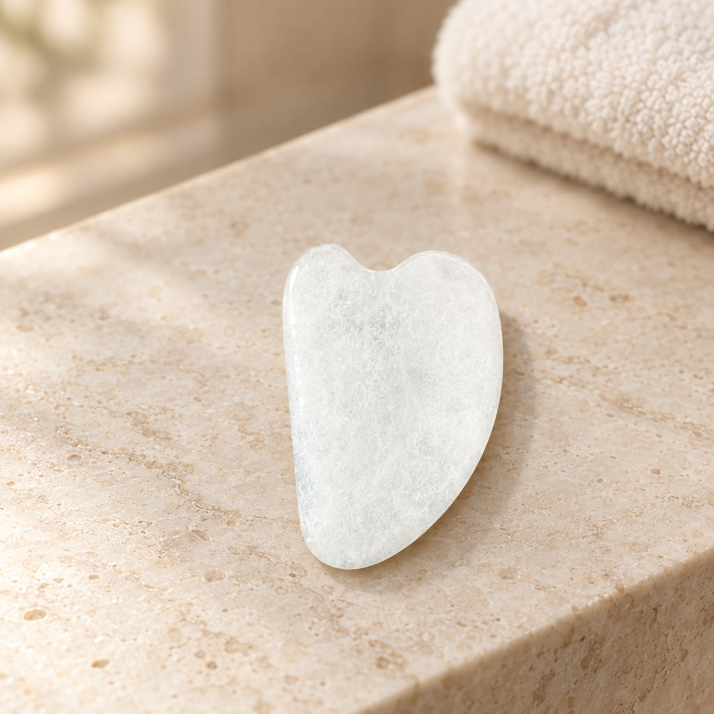 Hartvormige gua sha van lichte witte jade op een travertin plank in de badkamer
