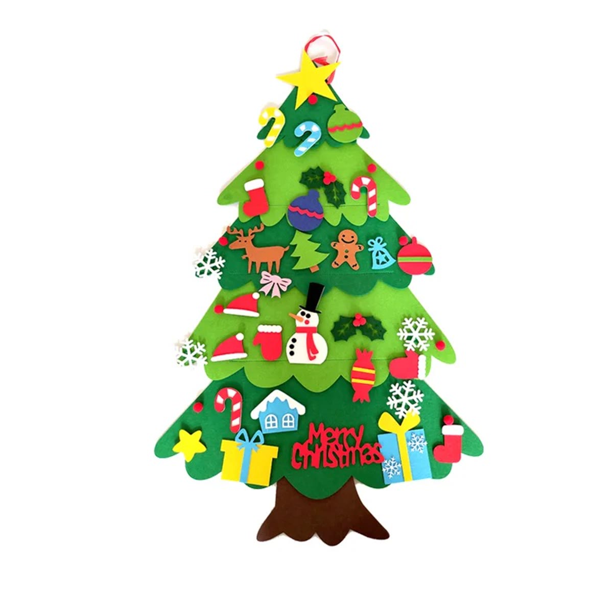 Vilten kerstboom met ster, sneeuwpop, rendier, cadeautjes, zuurstokken en Merry Christmas van vilt