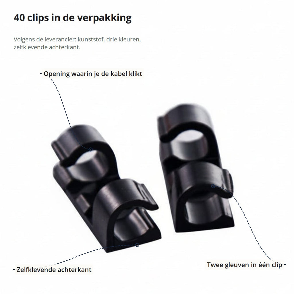 Twee zwarte kabelclips met aanduidingen: opening waarin je de kabel klikt, zelfklevende achterkant en twee gleuven in één clip
