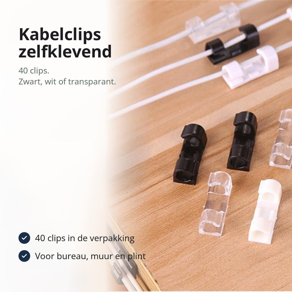 Zwarte, witte en transparante kabelclips op een bureaurand met kabels, met de tekst: 40 clips in de verpakking, voor bureau, muur en plint