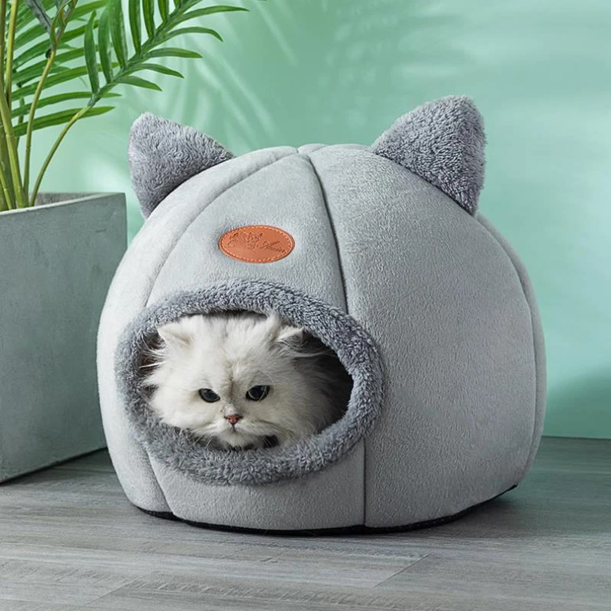 Witte perzische kat in een lichtgrijs kattenhol met pluizige rand rond de opening